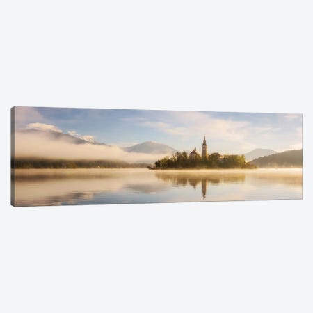 Golden Sunrise Panorama At Lake Bled In Slovenia Canvas Print #DGG347} by Daniel Gastager Canvas Wall Art