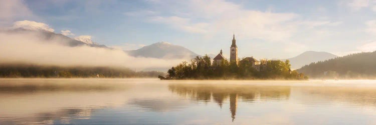 Golden Sunrise Panorama At Lake Bled In Slovenia