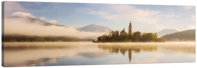 Golden Sunrise Panorama At Lake Bled In Slovenia Canvas Art Print - Slovenia