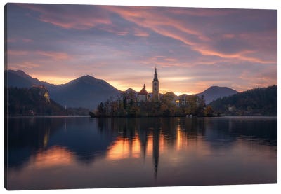 Burning Sunrise At Lake Bled In Slovenia Canvas Art Print - Slovenia