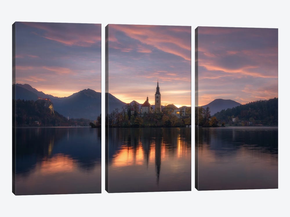 Burning Sunrise At Lake Bled In Slovenia by Daniel Gastager 3-piece Canvas Art Print