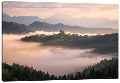 Foggy Morning At The Mountain In Slovenia Canvas Art Print - Daniel Gastager
