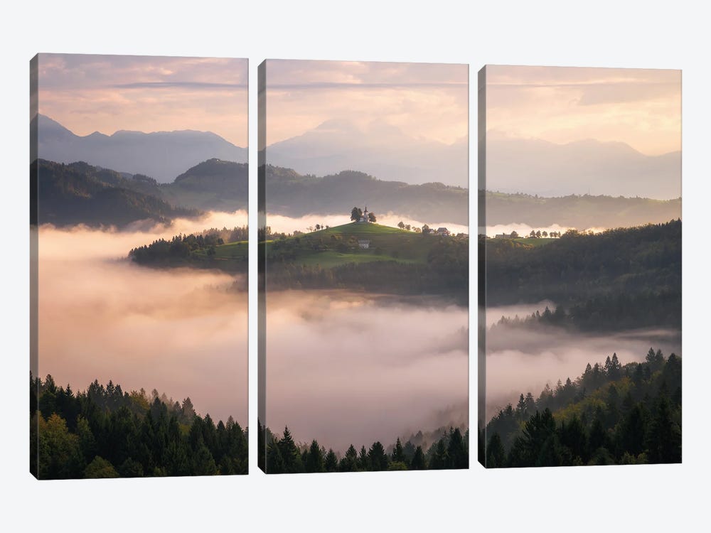 Foggy Morning At The Mountain In Slovenia by Daniel Gastager 3-piece Canvas Print