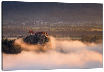 Golden Morning Light At Bled Castle In Slovenia Canvas Art Print - Daniel Gastager