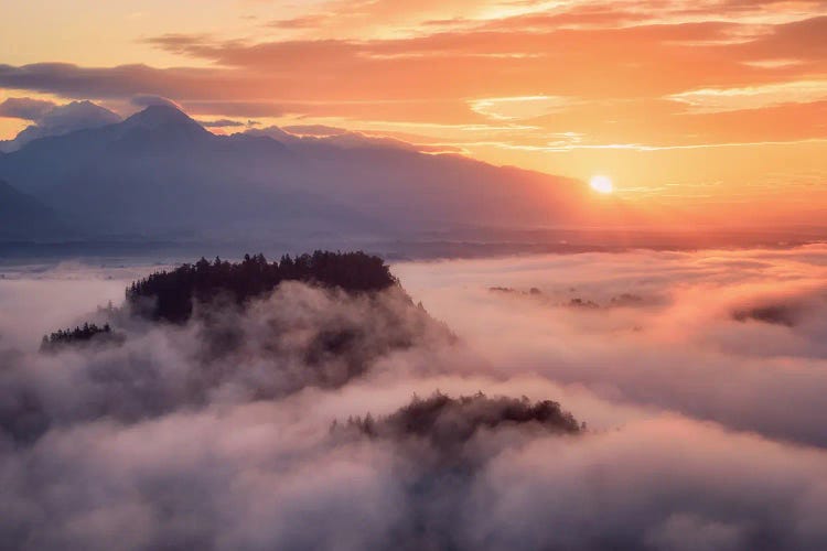 Golden Sunrise Above The Clouds In Slovenia by Daniel Gastager wall art