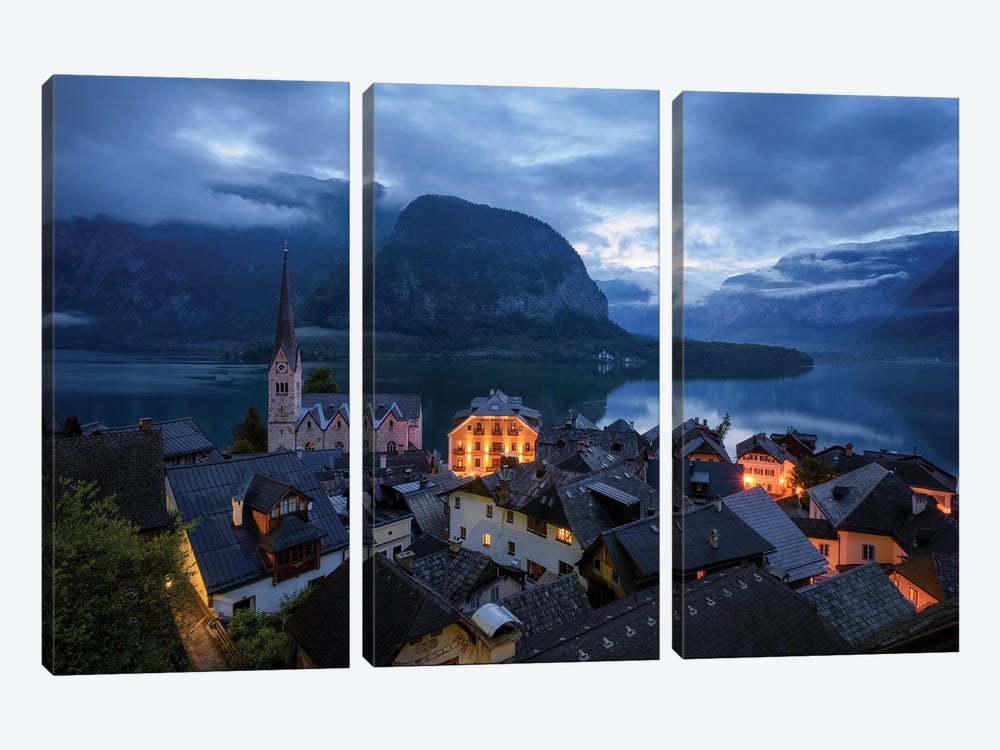 Hallstatt Village At Blue Hour In Austria by Daniel Gastager 3-piece Canvas Print