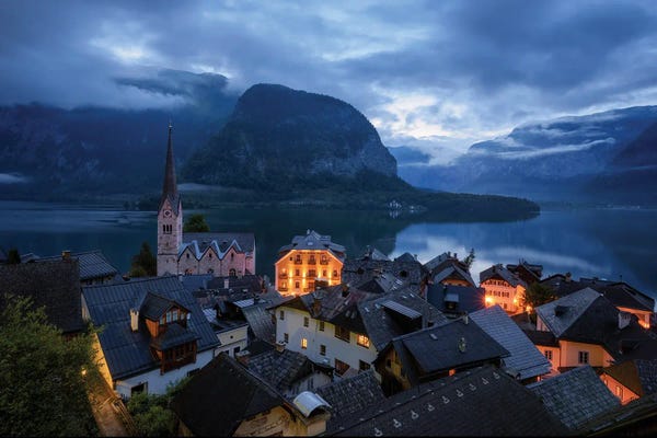 Hallstatt: Hallstatt Village At Blue Hour In Austria by Daniel Gastager