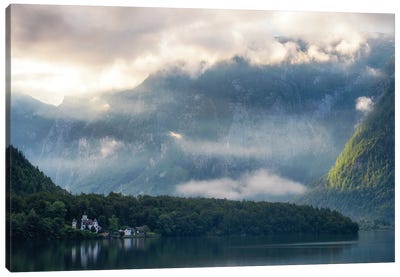 A Foggy Morning At Hallstatt Lake In Austria Canvas Art Print - Daniel Gastager