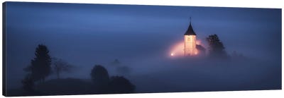 Foggy Blue Hour At A Church In Slovenia Canvas Art Print - Daniel Gastager