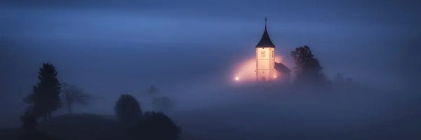 Daniel Gastager: Foggy Blue Hour At A Church In Slovenia by Daniel Gastager