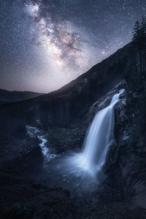 The Milky Way Above A Huge Waterfall In Austria