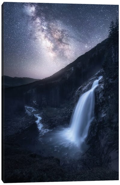The Milky Way Above A Huge Waterfall In Austria Canvas Art Print
