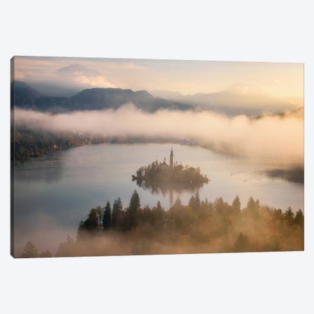 A Misty Fall Morning Above Lake Bled In Slovenia Canvas Print #DGG377} by Daniel Gastager Canvas Art Print