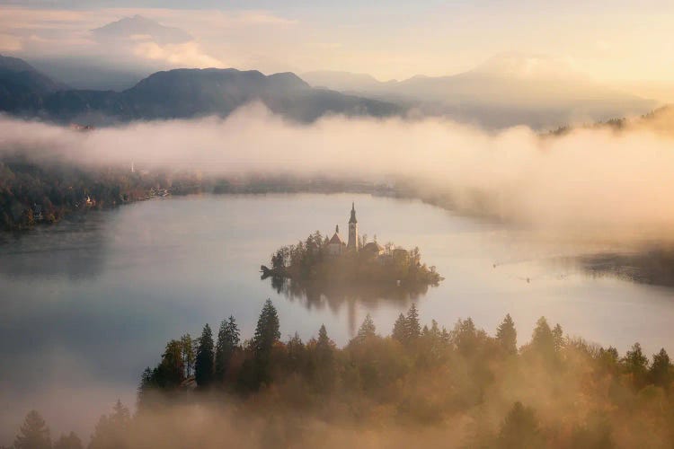 A Misty Fall Morning Above Lake Bled In Slovenia