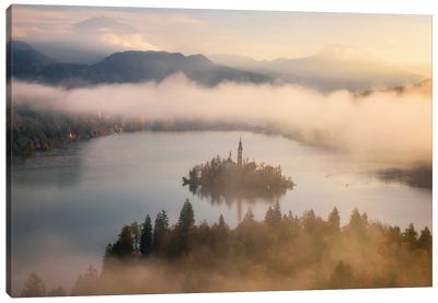A Misty Fall Morning Above Lake Bled In Slovenia Canvas Art Print