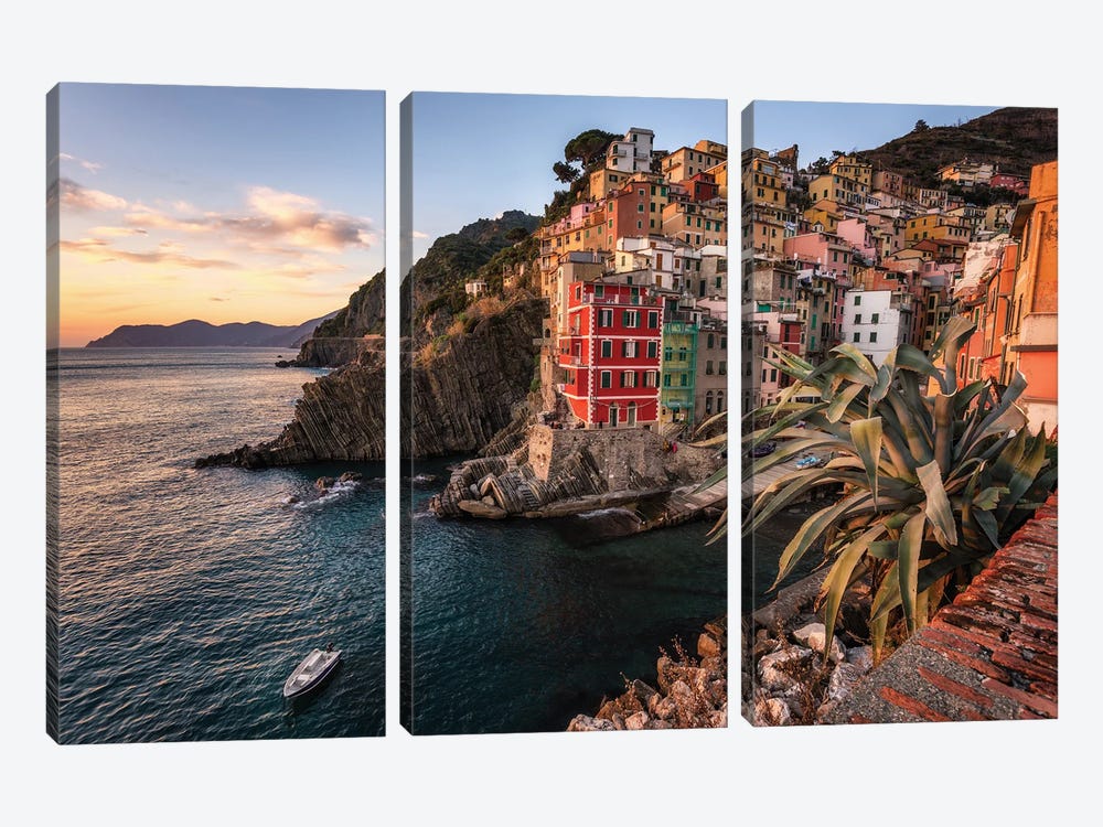 Sunset At Riomaggiore In Italy by Daniel Gastager 3-piece Canvas Wall Art