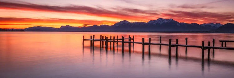 Red Sunrise Panorama At Lake Chiemsee In Bavaria