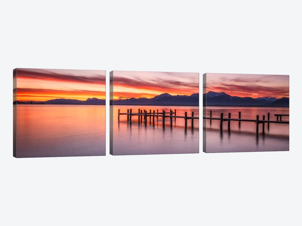 Red Sunrise Panorama At Lake Chiemsee In Bavaria 3-piece Canvas Art