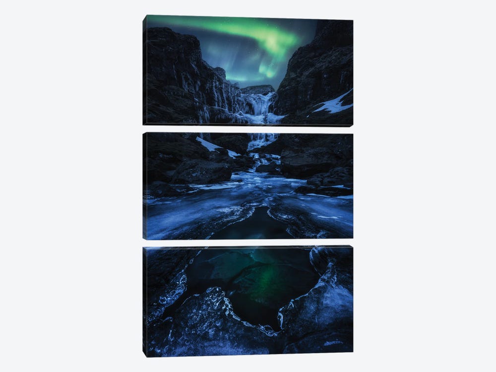 Northern Light Dancing Above A Frozen Waterfall In Iceland by Daniel Gastager 3-piece Canvas Artwork