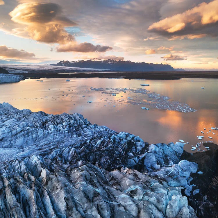 Golden Sunset Above A Glacier Lagoon In Iceland