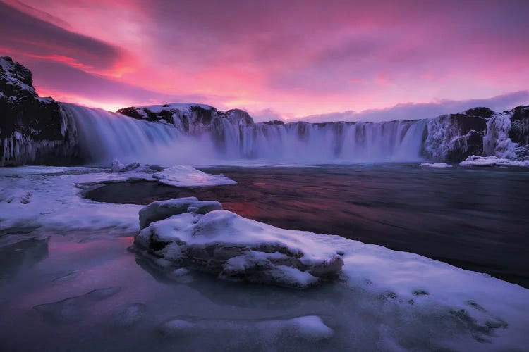 Pink Winter Sunset At Godafoss