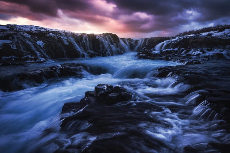 Winter Sunset At Bruarfoss In Iceland