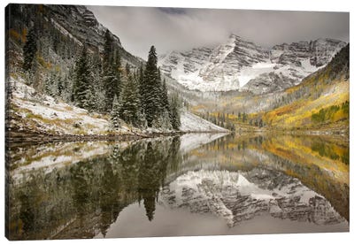 Snow Covered Maroon Bells And Their Reflection In Maroon Lake, White River National Forest, Colorado, USA Canvas Art Print - Mountain Art