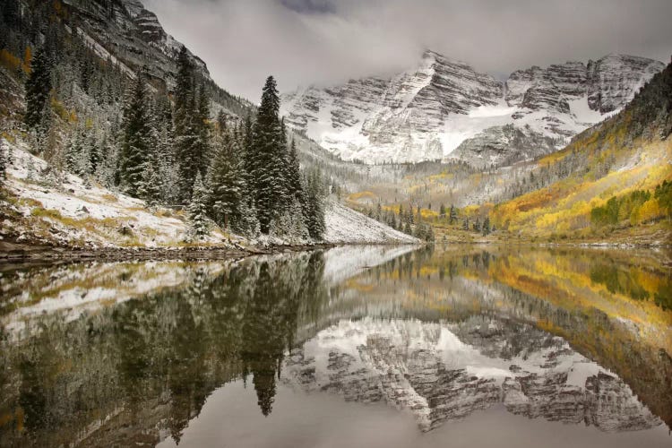 Snow Covered Maroon Bells And Their Reflection In Maroon Lake, White River National Forest, Colorado, USA