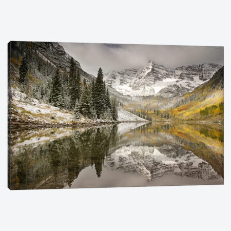 Snow Covered Maroon Bells And Their Reflection In Maroon Lake, White River National Forest, Colorado, USA Canvas Print #DGR2} by Don Grall Canvas Wall Art