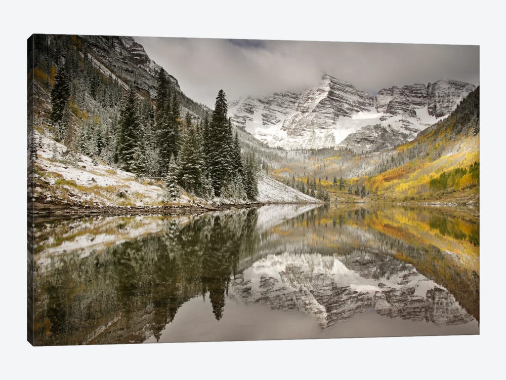 Snow Covered Maroon Bells And Their Reflection In Maroon Lake, White River National Forest, Colorado, USA by Don Grall 1-piece Canvas Artwork