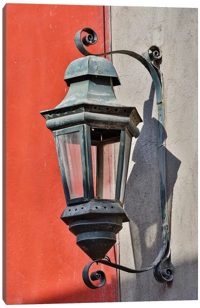 San Miguel De Allende, Mexico. Lantern and shadow on colorful buildings Canvas Art Print
