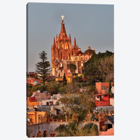 San Miguel De Allende, Mexico. Ornate Parroquia de San Miguel Archangel with city overview Canvas Print #DGU110} by Darrell Gulin Canvas Wall Art