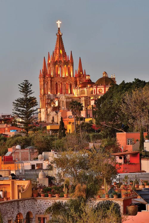 San Miguel De Allende, Mexico. Ornate Parroquia de San Miguel Archangel with city overview by Darrell Gulin wall art