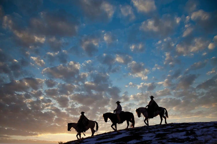 USA, Shell, Wyoming Hideout Ranch Cowboys And Cowgirls Silhouetted Against Sunset Riding On Ridgeline I