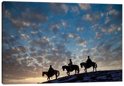 USA, Shell, Wyoming Hideout Ranch Cowboys And Cowgirls Silhouetted Against Sunset Riding On Ridgeline I Canvas Art Print