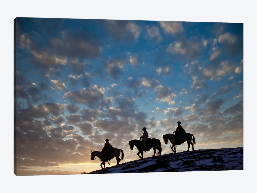 USA, Shell, Wyoming Hideout Ranch Cowboys And Cowgirls Silhouetted Against Sunset Riding On Ridgeline I by Darrell Gulin 1-piece Canvas Art