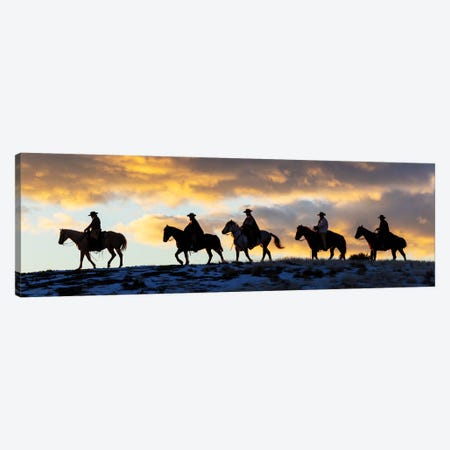 USA, Shell, Wyoming Hideout Ranch Cowboys And Cowgirls Silhouetted Against Sunset Riding On Ridgeline II Canvas Print #DGU177} by Darrell Gulin Art Print