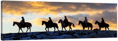 USA, Shell, Wyoming Hideout Ranch Cowboys And Cowgirls Silhouetted Against Sunset Riding On Ridgeline II Canvas Art Print - Cowboy & Cowgirl Art