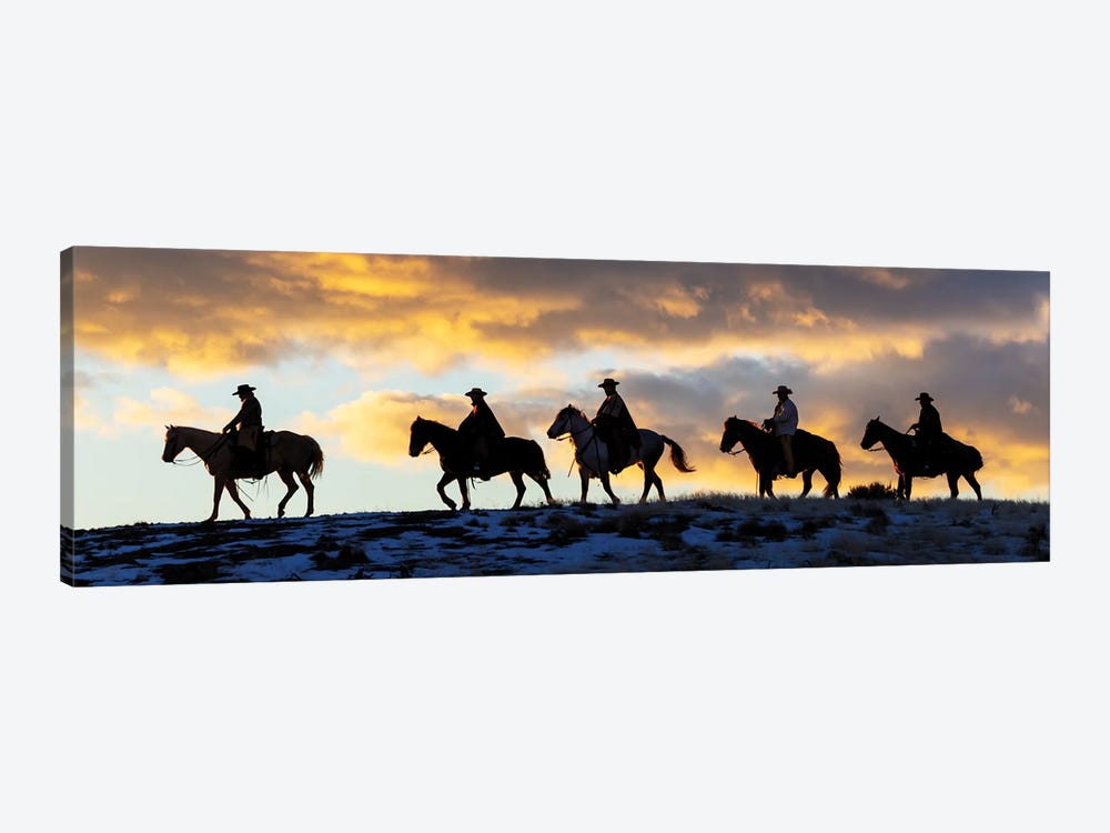 USA, Shell, Wyoming Hideout Ranch Cowboys And Cowgirls Silhouetted Against Sunset Riding On Ridgeline II by Darrell Gulin 1-piece Art Print