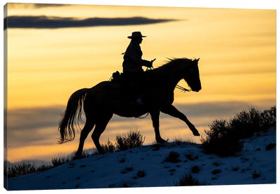 USA, Shell, Wyoming Hideout Ranch Cowgirl Silhouetted On Horseback At Sunset I Canvas Art Print - Darrell Gulin