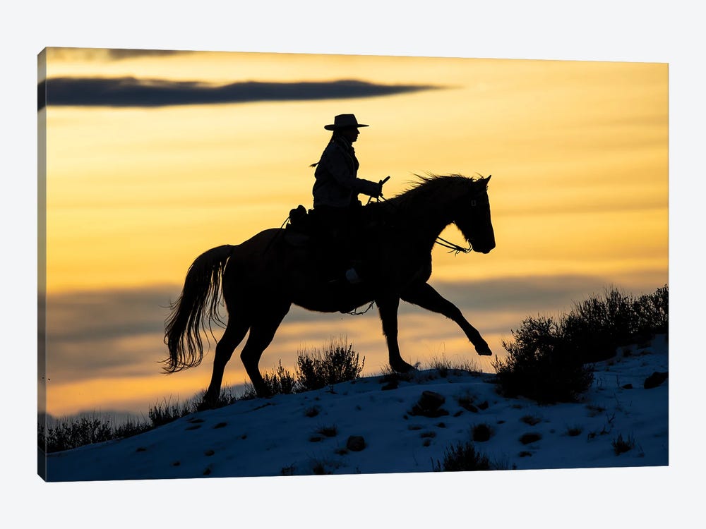 USA, Shell, Wyoming Hideout Ranch Cowgirl Silhouetted On Horseback At Sunset I by Darrell Gulin 1-piece Canvas Wall Art