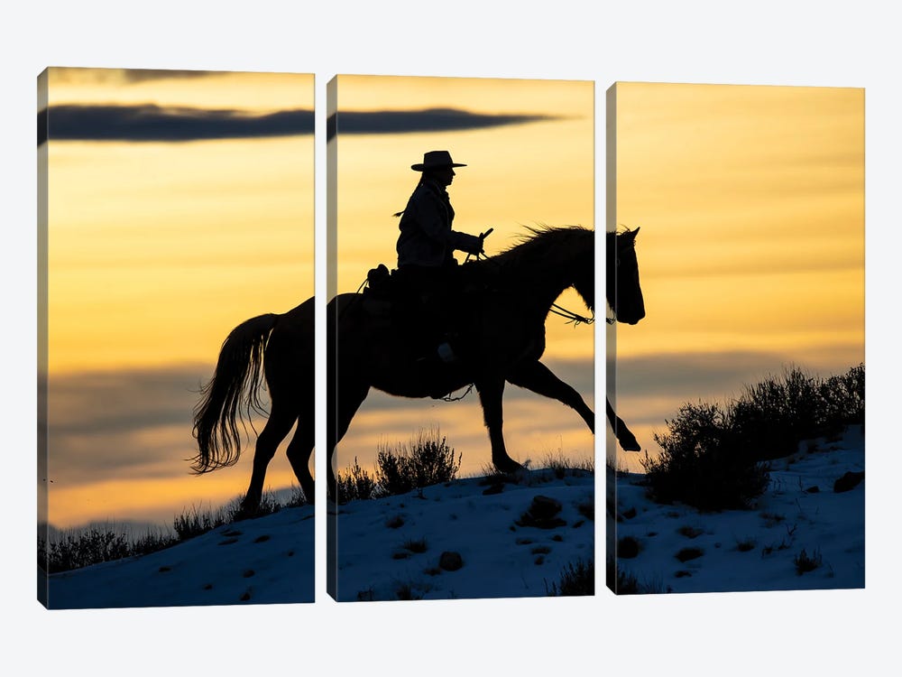 USA, Shell, Wyoming Hideout Ranch Cowgirl Silhouetted On Horseback At Sunset I by Darrell Gulin 3-piece Canvas Wall Art
