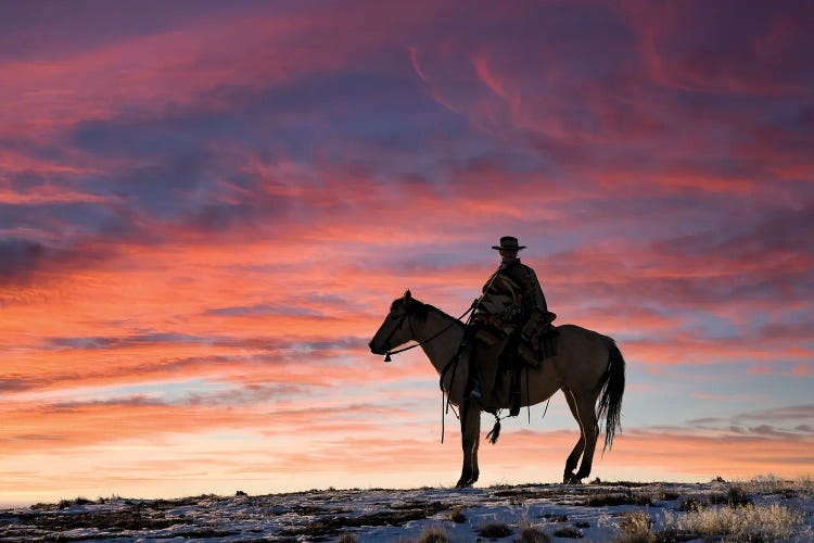 USA, Shell, Wyoming Hideout Ranch Cowgirl Silhouetted On Horseback At Sunset II