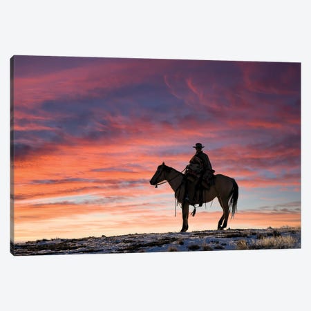 USA, Shell, Wyoming Hideout Ranch Cowgirl Silhouetted On Horseback At Sunset II Canvas Print #DGU179} by Darrell Gulin Canvas Art