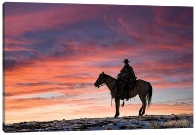 USA, Shell, Wyoming Hideout Ranch Cowgirl Silhouetted On Horseback At Sunset II Canvas Art Print - Wyoming Art
