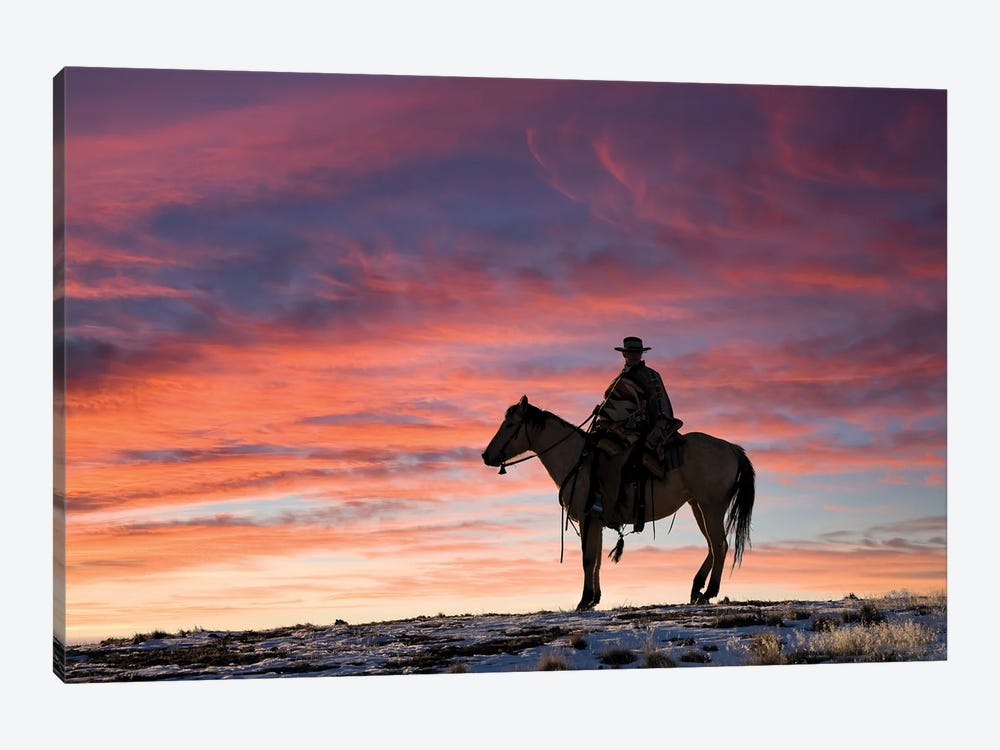 USA, Shell, Wyoming Hideout Ranch Cowgirl Silhouetted On Horseback At Sunset II by Darrell Gulin 1-piece Canvas Print