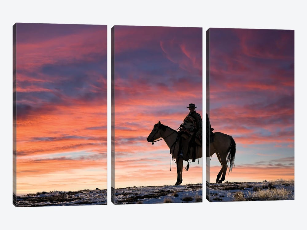 USA, Shell, Wyoming Hideout Ranch Cowgirl Silhouetted On Horseback At Sunset II by Darrell Gulin 3-piece Canvas Art Print