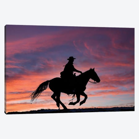 USA, Shell, Wyoming Hideout Ranch Cowgirl Silhouetted On Horseback At Sunset III Canvas Print #DGU180} by Darrell Gulin Canvas Print