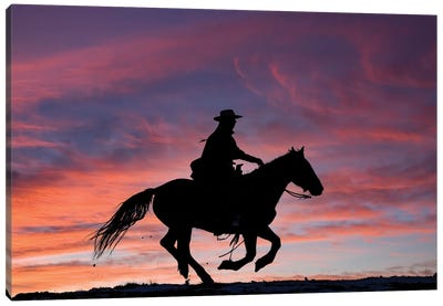 USA, Shell, Wyoming Hideout Ranch Cowgirl Silhouetted On Horseback At Sunset III Canvas Art Print - Darrell Gulin