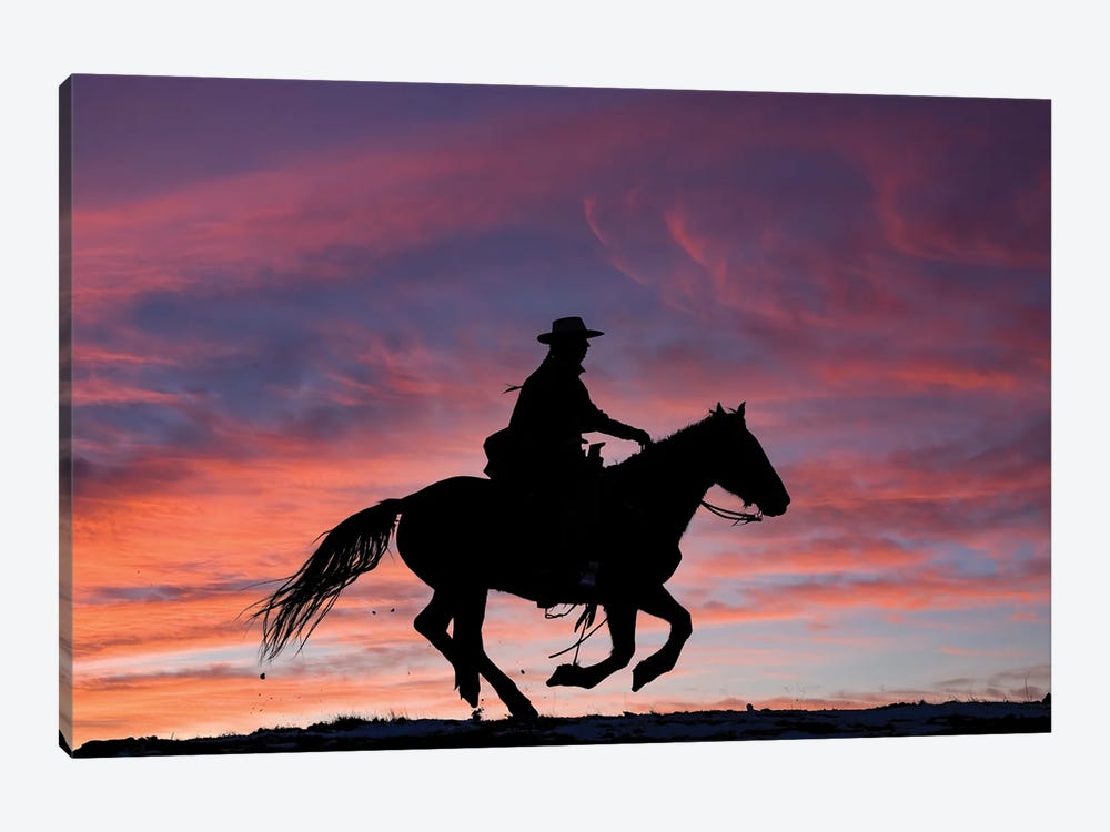USA, Shell, Wyoming Hideout Ranch Cowgirl Silhouetted On Horseback At Sunset III by Darrell Gulin 1-piece Canvas Print